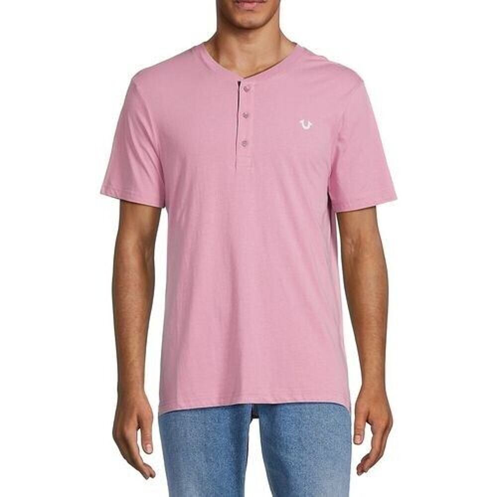 True Religion Henley Shirt Men SMALL Short Sleeve Tee Mauve Orchid Logo $69 NEW